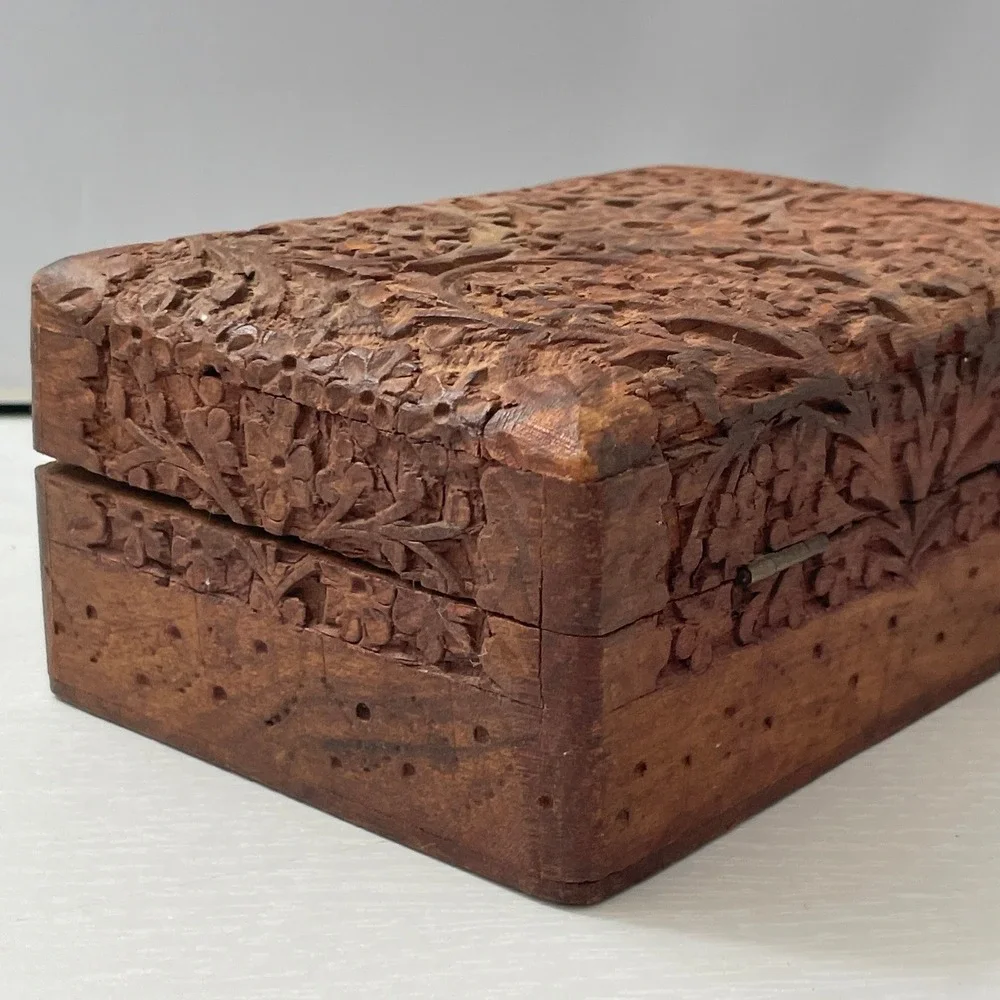 Vintage Carved Wooden Box Jewelry Trinket Floral